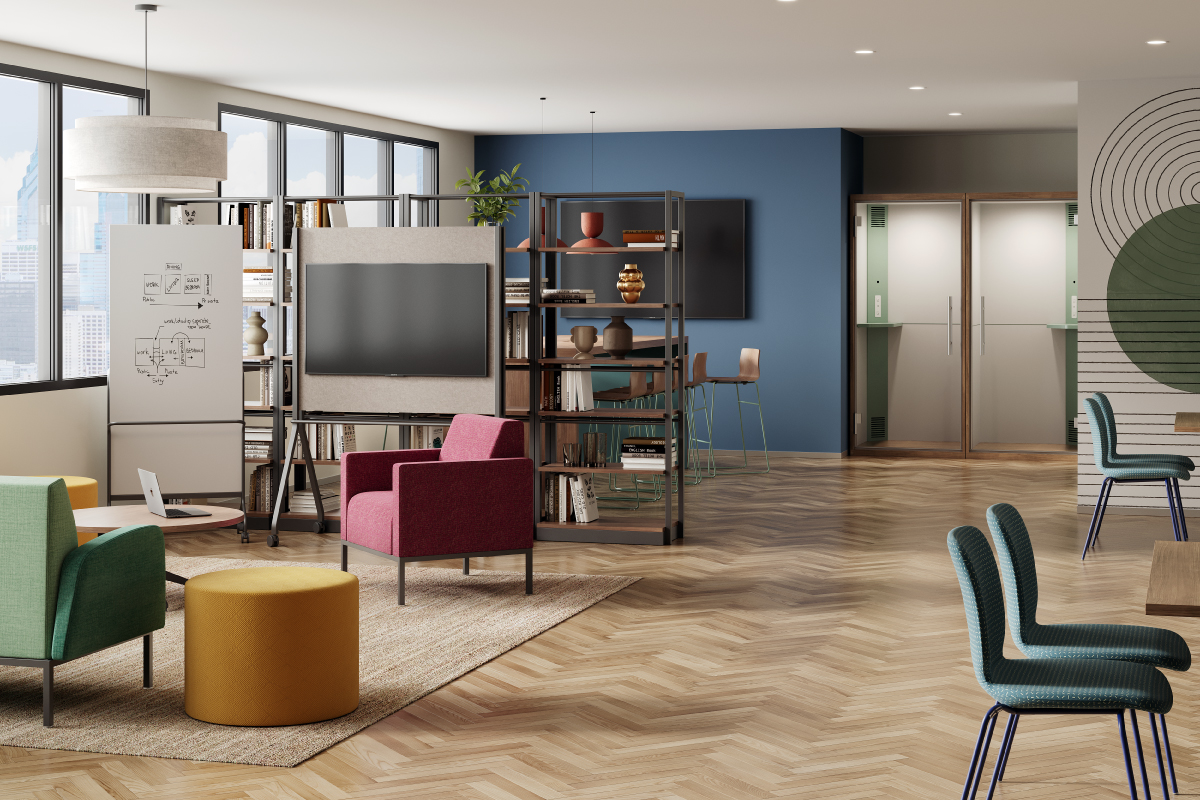 Corporate setting with various collaboration work stations.