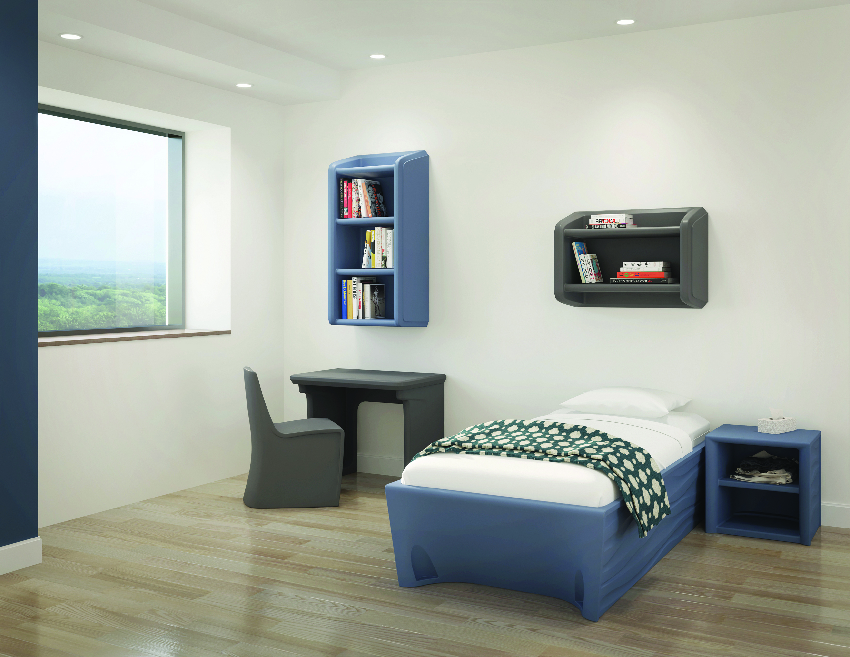 blue and dark grey rotomolded furniture in a patient room. includes desk, club style chair, bed, bedside table, and two sets of shelves