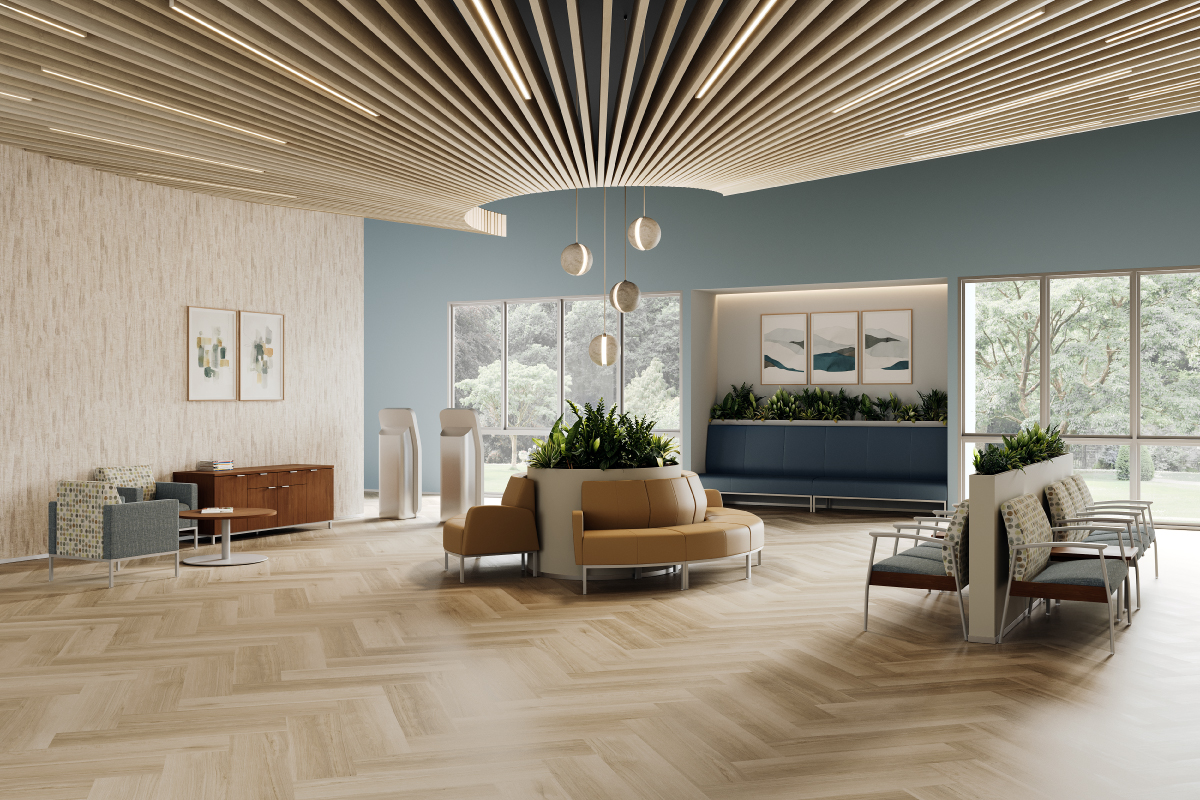 Healthcare waiting room with various seating arrangements. From bank to booth to individual seating.