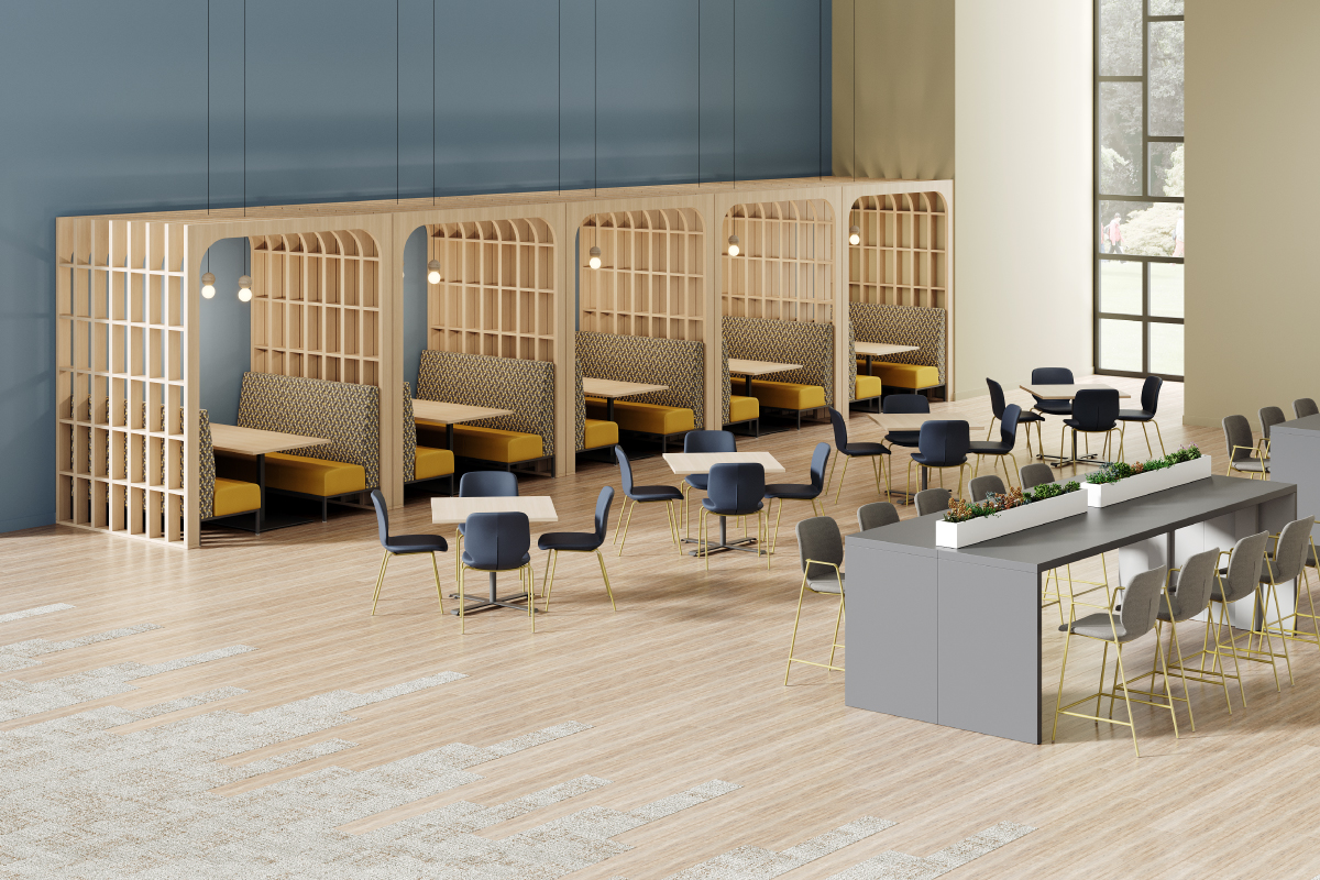 Higher education cafeteria with an assortment of seating.