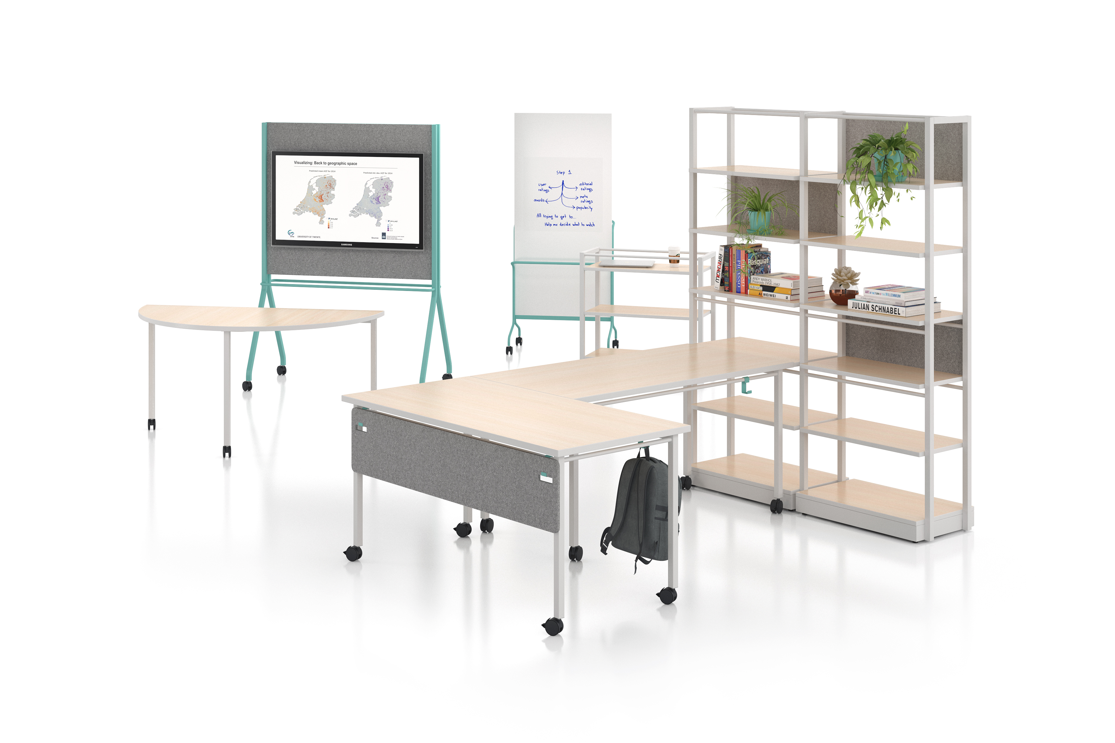 configurable furniture collection on white background. includes connected tables, shelves, media wall, whiteboard and hospitality cart.