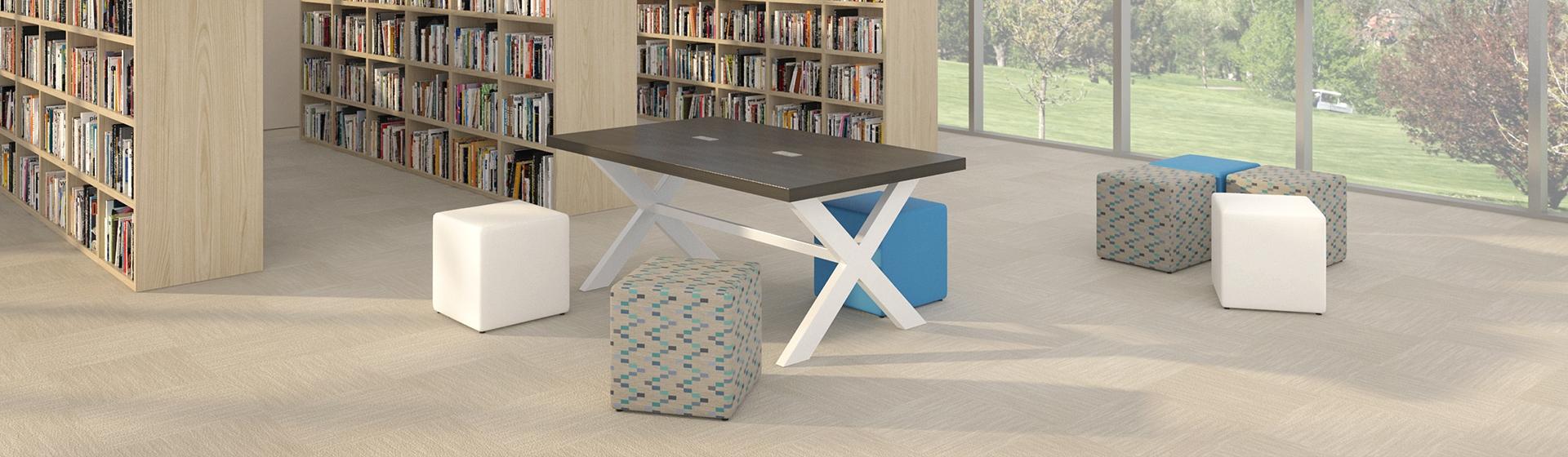 Annex and Bud stools in a school library setting banner