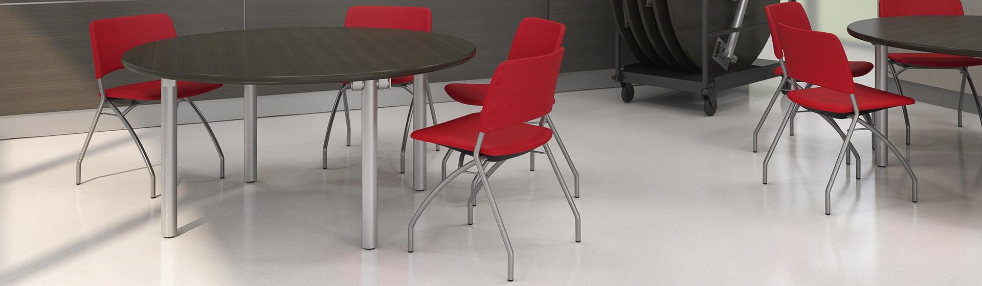 Post legs table with red fabric