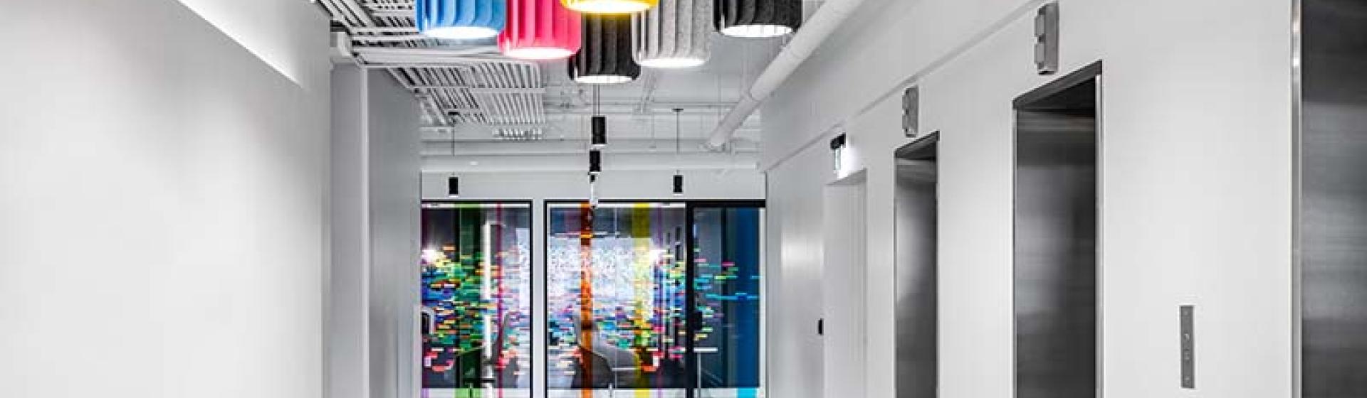 Large corporate office entrance lobby