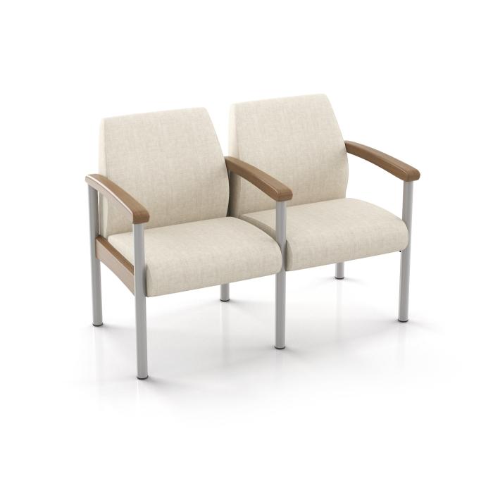 Cooper Dwight two seater with full arms, on white background, beige fabric, metal frame, wood arms