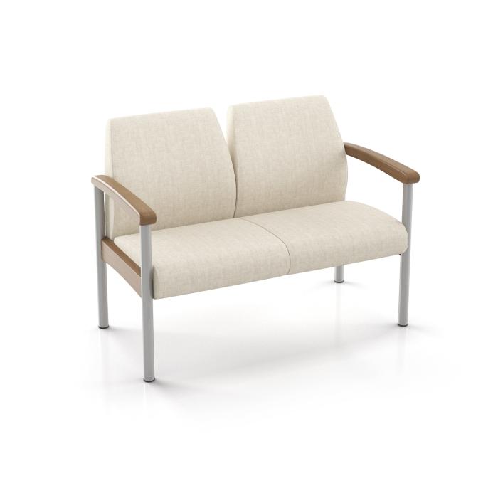 Cooper Dwight two seater with outside arms, on white background, beige fabric, metal frame, wood arms